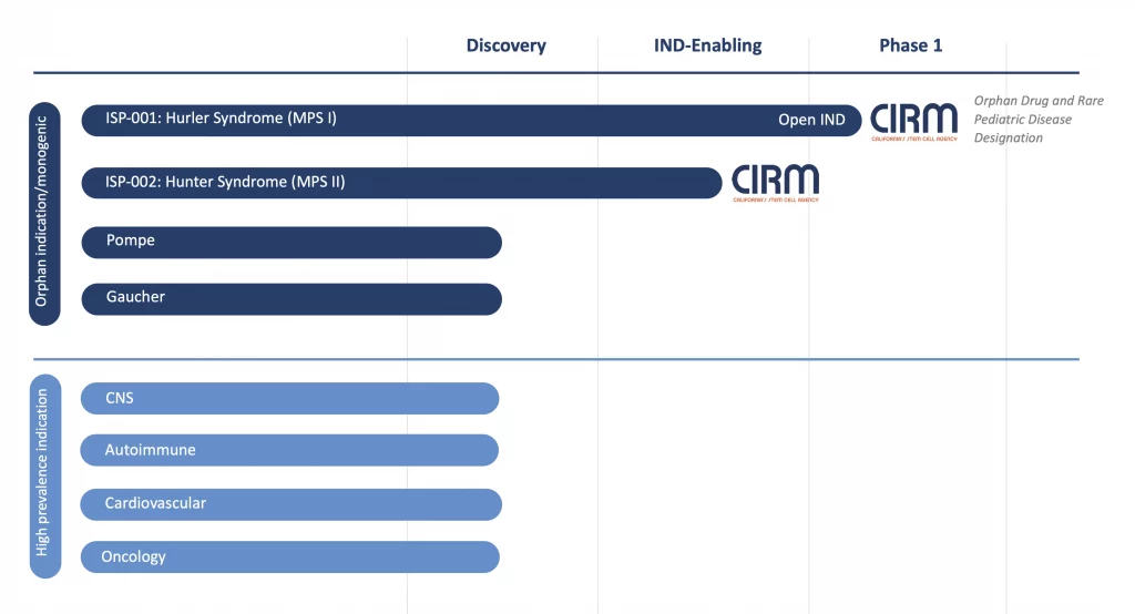 Immusoft Pipeline with High prevalence indication (CNS, Autoimmune, Cardiovascular, Oncology) and Orphan indication/monogenic (ISP-001: Hurler Syndrome (MIPS I), ISP-002: Hunter Syndrome (MIPS II), Pompe, Gaucher along the Y axis. Discovery, IND-Enabling, Phase 1 are along the X axis.